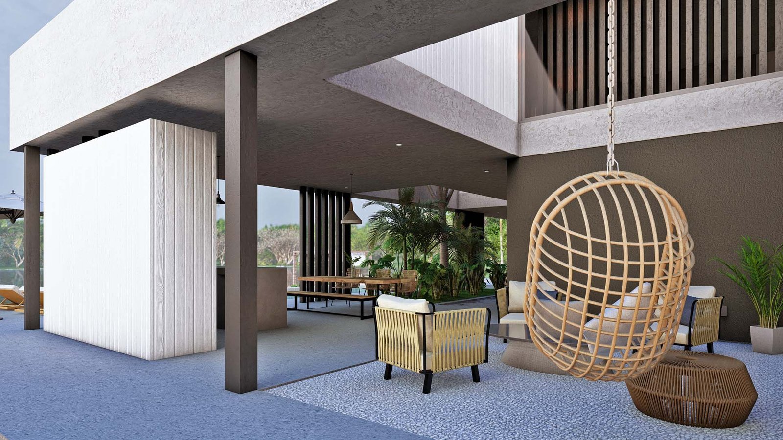 Espacio exterior moderno con silla colgante de ratán y paneles texturizados — proyecto Casa ST, por Hermann Arquitectos, en Av. del Golf 3445
